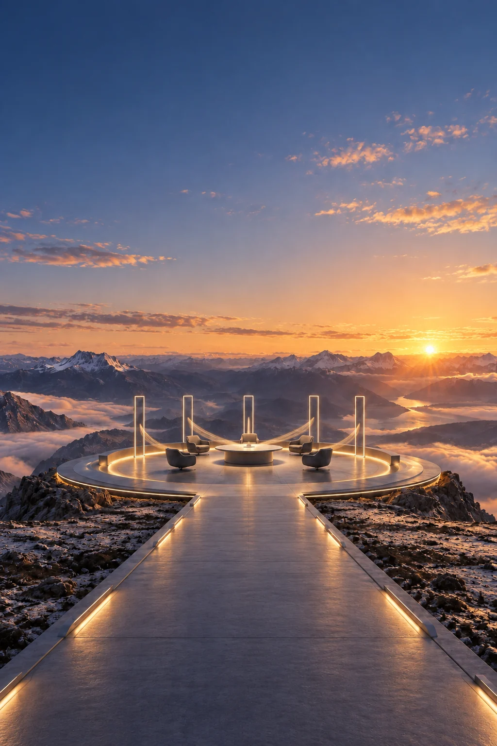 The circular boardroom at sunrise with five perspectives focused on the central table.