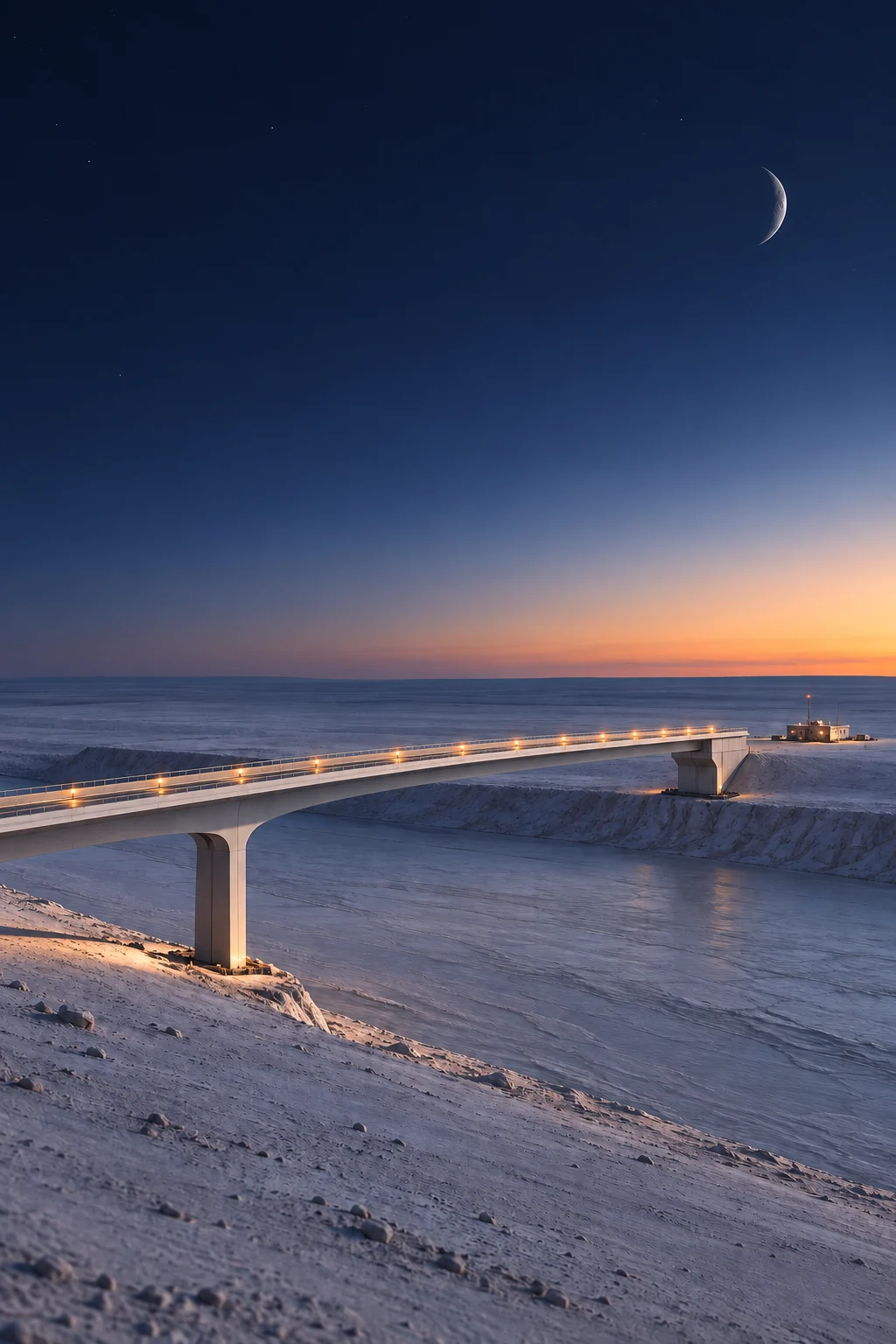 From the same side perspective, the finished bridge forms one continuous route across the channel to the station.