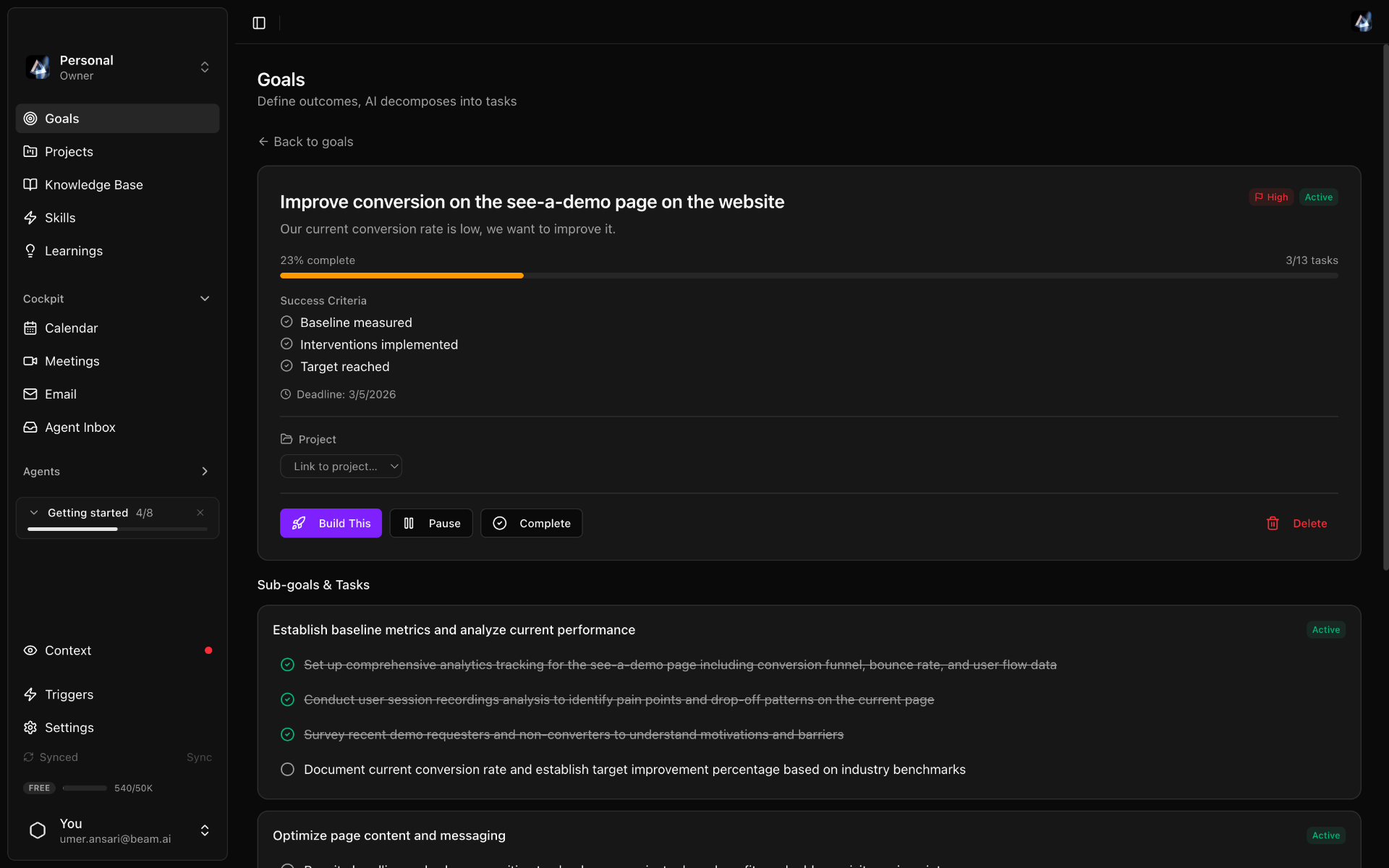 Beam Prism goals workspace showing progress and coordinated tasks